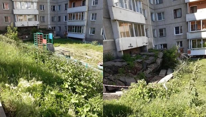 В Иркутске у дома на Костычева обвалилась отмостка