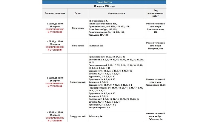 Часть Ленинского и Свердловского округов Иркутска останется без тепла и горячей воды 27 апреля