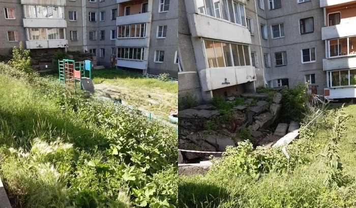 В Иркутске у дома на Костычева обвалилась отмостка