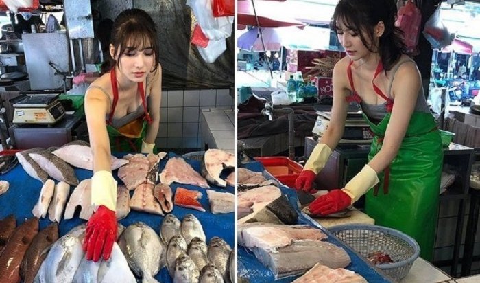 Тайваньская модель произвела фуррор, торгуя рыбой на рынке (Видео)